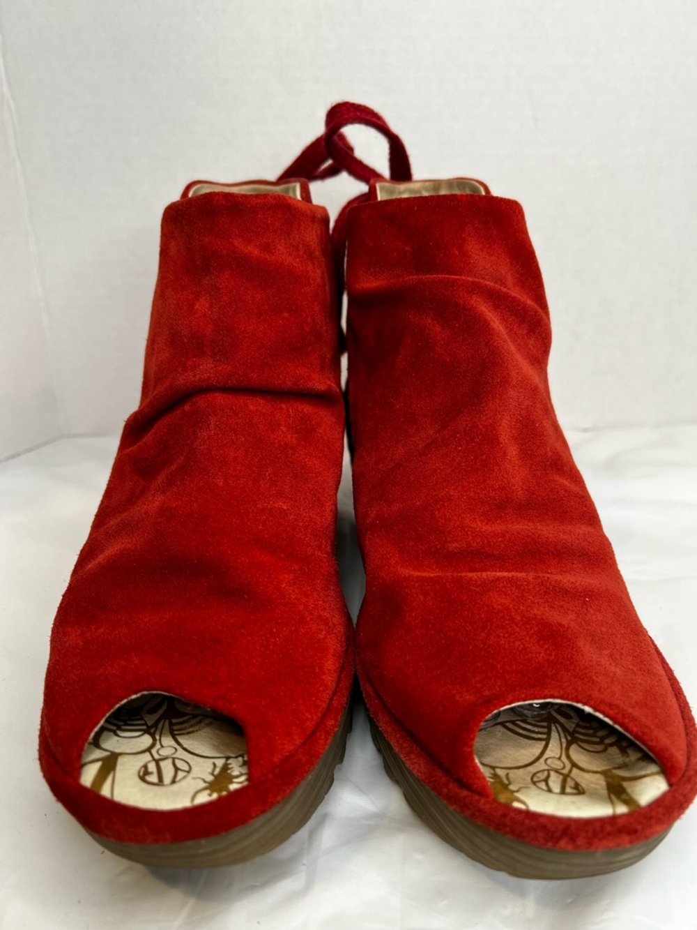 Fly London Yema Suede Wedge Sandals Women’s 40 (9-9.5) Scarlet Peep Toe - Picture 3 of 10